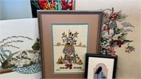 5pc Needlepoint, Framed Art Kachina, Cat, Floral