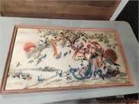 Framed Oriental Embroidery Art - measures 37.5in