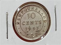 1941 AU-50 Newfoundland 10 Cent Coin