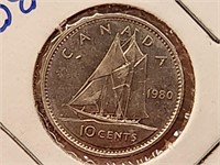 1980 Canada 10 Cent Coin Wide O AU-50