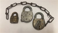 2 railroad padlocks and brass 999 lock