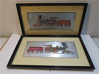 Vintage Lot 2 Framed Foil Steam Train Prints OLD