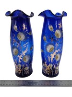 Set of 2 Hand Blown & Hand Painted Cobalt Vases