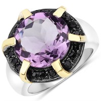 Plated Rhodium 6.56ct Amethyst and Black Spinel Ri