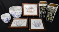 Asian Style Blue & White Planters, Signed Sketches