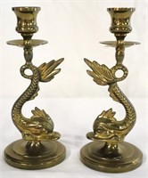 2pc  Brass Japanese Dolphin Koi Fish Candle Holder