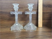 Vintage Glass Religious Candle Stick Holders