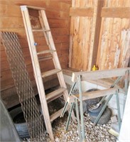 Step ladder, expanded metal, saw horses, trap