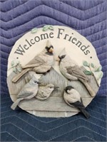 Welcome Friends 11 in resin bird flower garden