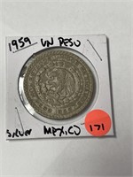 1959 silver Un peso Mexico