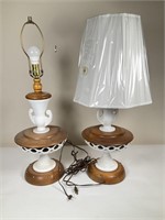 Pair of wooden and glass lamps