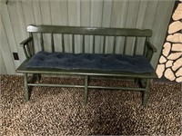 Green wooden padded deacon bench