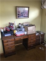 Maple desk, side table and miscellaneous items