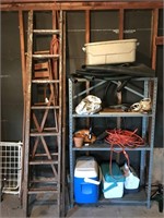 Two wooden ladders, edger, electrical cord,