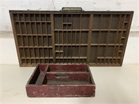 Antique typesetter tray, and box grouping