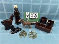 Brown Horse Lot:  Glass, Pottery & Brass