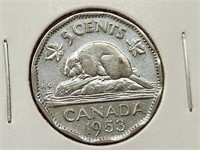 1953 SF Near Canada 5 Cent Coin F-12