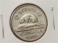 1969 Canada 5 Cent Coin AU-50 Elizabeth II