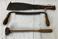 Vintage Cane Knife, Draw Knife, & Knapping Hammer
