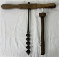 Antique Wooden Auger & Napping Hammer