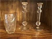 Vintage Crystal Vase & Candle Sticks