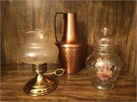 Vintage Copper Pitcher, Candle Holder & Jar