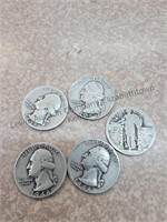 4 Silver Washington Quarters and a barber quarter