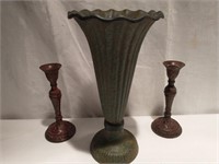 Cast Iron Vase and 2 Heavy Candlesticks