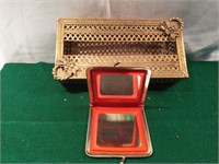 Vintage Ornate Brass Tissue Box  And Purse Mirror