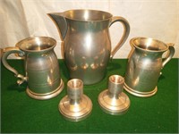 Pewter Pitcher And Mugs With Candlesticks