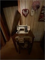 White Sewing Machine w/Cabinet & Chair