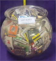 GLASS FISH BOWL WITH ADVERTISING MATCH BOOKS