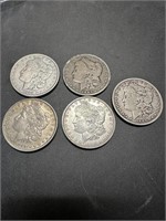 Five Morgan Dollars: 1885, 1887-O, 1888,