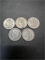Five Morgan Dollars: 1881, 1883, 1883-O, 1884,