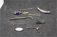 Eight Sterling Silver Pins & A Sterling Silver