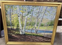 Birch waterfront oil on canvas framed and  Signed