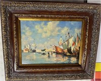 Oil Painting at a harbor Signed J. Long Hong - 24