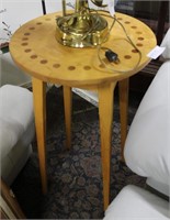 Oak round lamp table with mahogany inserts