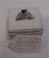 925 Silver Blue Sapphire & CZ Fancy Ring SZ 5