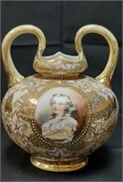 2 Handled Moriage Porcelain Portrait/Rose Vase
