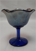 Fenton Blue Carnival Glass Holly 4" x 4.5" H