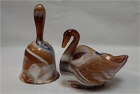 Imperial Caramel Slag Glass Bell, Swan Salt Dish