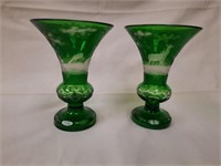 (2) Bohemian Green Cut to Clear Vase