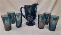 7Pc Indiana Blue Carnival Glass Pitcher, 6 Glasses