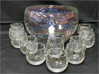 W. Virginia Glass Lustre Loop Optic Punch Bowl Set