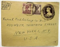 1946 India to NY Stamped Envelope