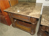 CARVED 1 DR FAUX MARBLE TOP END TABLE
