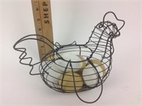 New wire chicken basket, resin eggs, wood rooster