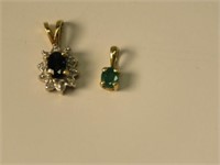 14k Two Pendants - (1)Emerald & (2) Sapphire &