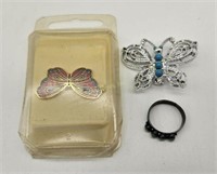 2 Butterfly Pins & Sterling Silver Ring